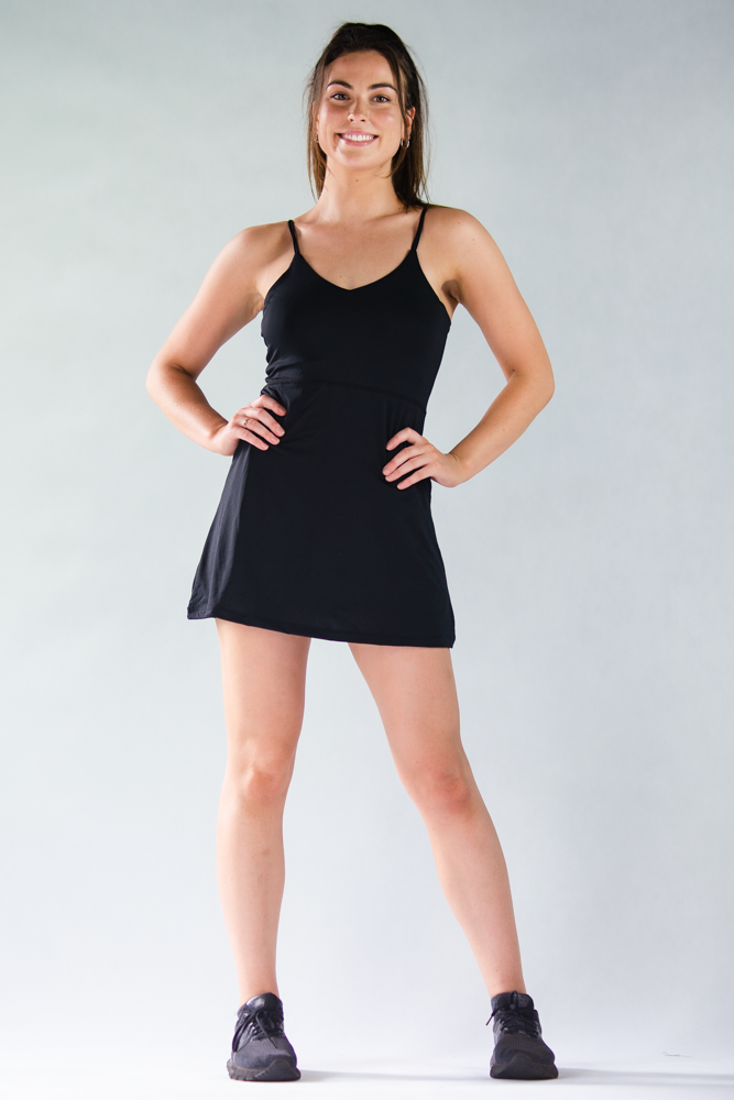 Fabletics Sunburst Stretchy Lightweight Black Strappy Mini Dress Size XS